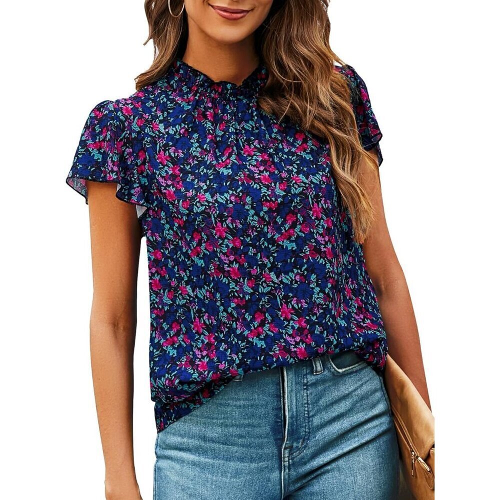 Women Boho Floral Ruffle Short Sleeve Mock Neck Summer Blouse